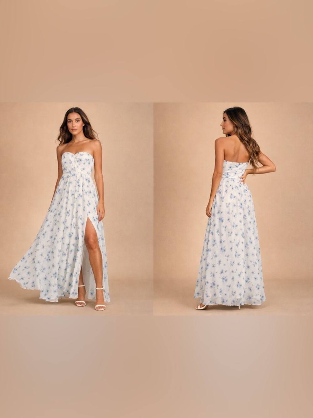 Lulus  Ivory Blue Floral strapless Strapless Maxi Dress Slit Wedding Guest